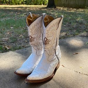 White imitation ostrich cowboy boot